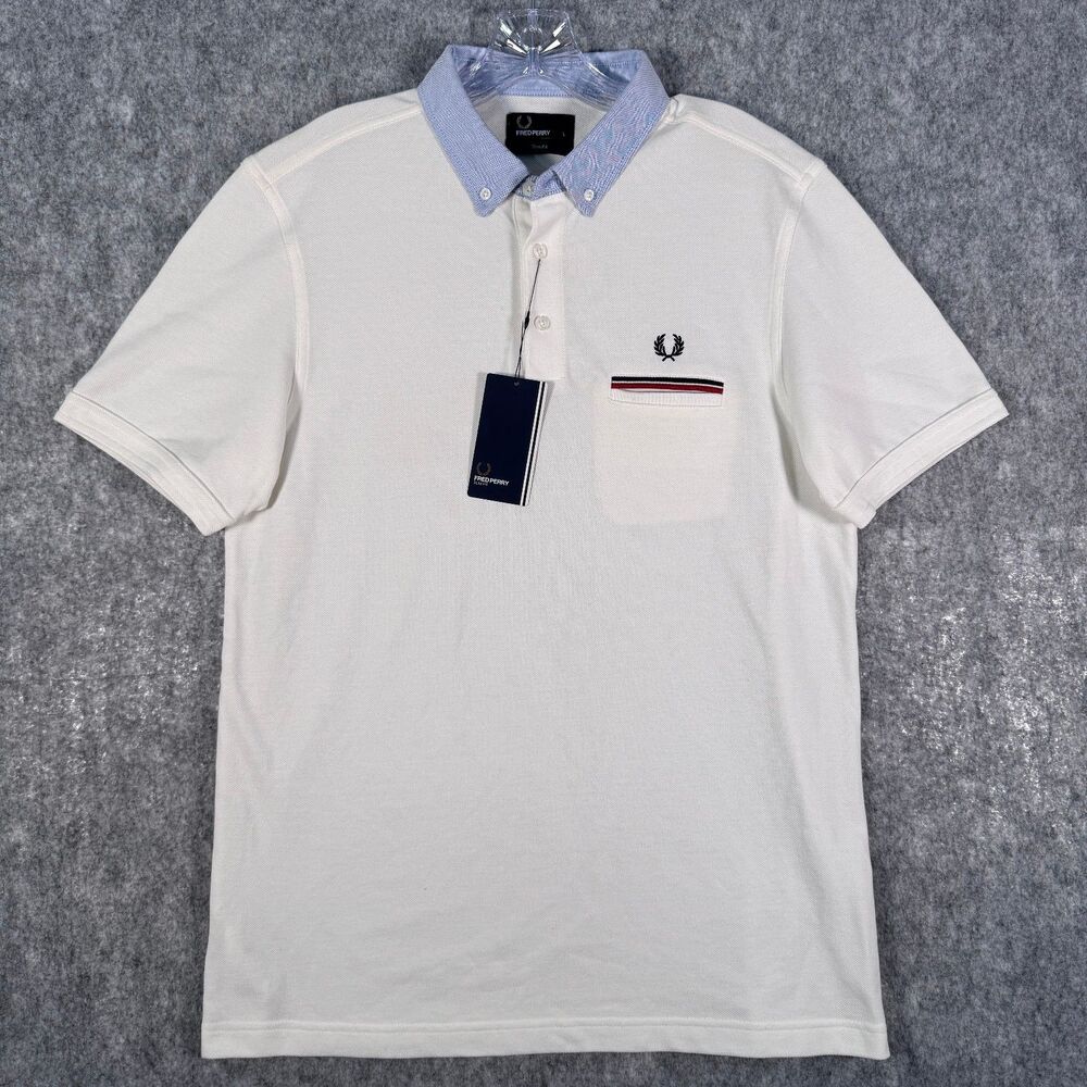Fred Perry Polo Shirt Mens Size Large White Slim Fit Tiny Speck Flaw NWT